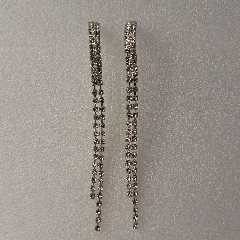 4" Long Rhinestone 2 Strand Dangle Earrings Posts Dripping Elegant Sparkly